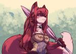  2019 anthro arm_tuft blue_eyes breasts canid canine cheek_tuft chest_tuft choker clothed clothing dipstick_ears dipstick_tail elbow_tufts face_tuft female fox gloves_(marking) green_background hair hair_over_eye hi_res holding_object inner_ear_fluff jewelry kitty_(kajortoq) leaf mammal markings multicolored_ears multicolored_tail necklace no_evil plagueofgripes simple_background solo tuft umbrella 