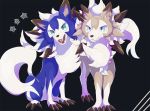  2018 ambiguous_gender blue_body blue_eyes blue_fur brown_body brown_fur canid canine duo feral front_view fur green_eyes ktyon3 lycanroc mammal midday_lycanroc multicolored_body multicolored_fur nintendo open_mouth pok&eacute;mon pok&eacute;mon_(species) quadruped shiny_pok&eacute;mon simple_background tongue video_games 