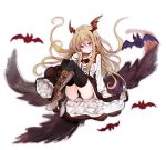  1girl absurdres bat bat_wings black_legwear black_panties black_skirt blonde_hair blush boots breasts collared_shirt fang frilled_skirt frills granblue_fantasy hair_between_eyes head_wings highres knee_boots long_hair long_sleeves looking_at_viewer panties pointy_ears red_eyes red_wings shadowverse shingeki_no_bahamut shirt simple_background skirt small_breasts solo sweat tatsuhiko underwear vampire vampy white_background white_shirt wings 