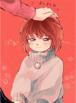  1girl asako_(itiba) blush brown_hair grey_sweater haibara_ai hand_on_another&#039;s_head happy long_sleeves meitantei_conan out_of_frame petting pom_pom_(clothes) red_background red_hair short_hair smile solo_focus sweater turtleneck turtleneck_sweater 