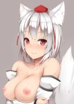  1girl animal_ear_fluff animal_ears bangs breast_hold breasts closed_mouth collarbone commentary_request eyebrows_visible_through_hair grey_background hat highres inubashiri_momiji large_breasts looking_at_viewer nipples nude red_eyes red_headwear short_hair silver_hair simple_background smile solo tail tatsumiya_kagari tokin_hat touhou upper_body white_sleeves wolf_ears wolf_girl wolf_tail 