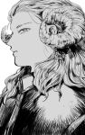  1boy asako_(itiba) closed_mouth gohoumei_(kingdom) greyscale hair_behind_ear hair_slicked_back hair_tubes horns kingdom long_hair looking_at_viewer monochrome profile sheep_horns simple_background solo white_background 