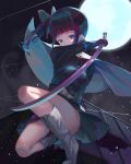  1girl bangs black_hair black_jacket black_skirt blue_hair blunt_bangs boots butterfly_hair_ornament capelet full_moon gradient_hair grey_footwear hair_ornament highres holding holding_sword holding_weapon jacket katana kimetsu_no_yaiba long_sleeves looking_at_viewer miniskirt moon multicolored_hair nekobell night one_knee outdoors pleated_skirt purple_eyes purple_hair red_ribbon ribbon skirt solo sword tsuyuri_kanao weapon white_capelet 