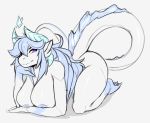  2019 all_fours anthro areola big_breasts biped blue_areola blue_hair blue_horn blue_markings blue_nipples breasts claws digital_media_(artwork) dragon female hair horn leg_markings long_hair long_tail markings nipples nude purple_eyes reptile scales scalie simple_background socks_(marking) solo thick_tail toe_claws white_background white_body white_scales white_tail zkelle 
