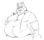  anthro belly big_belly black_and_white bodily_fluids breath canid canine canis chubby_cheeks claws clothed clothing eye_patch eyewear fur huff male mammal midriff monochrome moobs navel nintendo nipples obese obese_male open_mouth open_shirt open_smile overweight overweight_male shirt smile solo star_fox sweat sweatdrop topwear video_games wolf wolf_o&#039;donnell zororinazoro 