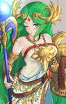  1girl aqua_eyes armor bangs bare_shoulders blush bracelet breasts circlet cleavage dress english_commentary goddess green_hair hair_ornament highres holding holding_shield holding_staff ippers jewelry kid_icarus kid_icarus_uprising large_breasts long_hair necklace one_eye_closed palutena parted_bangs shield smile staff strap strapless super_smash_bros. tongue tongue_out very_long_hair white_dress 