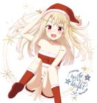 1girl bangs between_legs blonde_hair blush breasts cleavage collarbone eyebrows_visible_through_hair fate/stay_night fate_(series) floating_hair fur-trimmed_hat fur-trimmed_legwear fur_trim hand_between_legs hand_on_headwear hat highres hippo_(hirople) illyasviel_von_einzbern long_hair looking_at_viewer microskirt midriff navel open_mouth panties panty_peek pleated_skirt red_eyes red_headwear red_legwear red_skirt santa_costume santa_hat simple_background skirt sleeveless small_breasts solo stomach strapless striped tubetop underwear very_long_hair white_background 