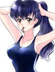  1girl armpits arms_up bangs blue_hair blue_swimsuit breasts cleavage collarbone daytodaydesire eyebrows_visible_through_hair higurashi_kagome inuyasha long_hair medium_breasts mouth_hold red_eyes school_swimsuit sideboob simple_background solo swimsuit tying_hair upper_body very_long_hair white_background 