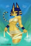  2019 amadeen animal_crossing ankha_(animal_crossing) anthro bandage clothed clothing digital_media_(artwork) domestic_cat egyptian felid feline felis female fur hair looking_at_viewer mammal mountain nintendo solo thick_tighs video_games water wet yellow_body yellow_fur 