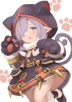  1girl :o animal_ears animal_hood bangs belt black_belt black_capelet black_dress black_gloves blush capelet cat_ears cat_girl cat_hood cat_tail commentary_request dress fake_animal_ears feff672166 fur-trimmed_capelet fur-trimmed_gloves fur-trimmed_legwear fur_trim gloves granblue_fantasy hair_over_one_eye harvin highres hood hood_up hooded_capelet kneehighs long_sleeves looking_at_viewer nio_(granblue_fantasy) open_mouth paw_gloves paws purple_hair red_eyes ribbon solo standing standing_on_one_leg striped striped_legwear tail tail_ribbon 