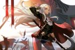  1girl axe bird cravat edelgard_von_hresvelg feathers fire_emblem fire_emblem:_three_houses flag garreg_mach_monastery_uniform gloves hair_ribbon highres james_ghio legwear_under_shorts lens_flare long_hair looking_at_viewer pantyhose planted_weapon red_legwear ribbon shorts silver_hair solo standing sunlight very_long_hair weapon white_gloves 