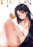  1girl alcohol backlighting bangs bare_legs barefoot black_hair black_panties blush breasts cleavage closed_mouth commentary_request cushion fate/grand_order fate_(series) gem goblet ishtar_(fate/grand_order) knees_up lens_flare light_censor long_hair looking_at_viewer looking_to_the_side panties parted_bangs red_eyes small_breasts smile solo spilling topless underwear underwear_only very_long_hair wine yan_(nicknikg) 