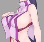  1girl bare_shoulders breasts fate_(series) grey_background large_breasts long_hair lowres masato_(mirai_koubou) minamoto_no_raikou_(fate/grand_order) navel purple_hair simple_background solo very_long_hair 