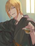  1boy :d bangs blonde_hair blue_eyes brown_kimono cup eizen_(tales) gradient_hair hair_between_eyes holding indoors isa_(peien516) japanese_clothes kimono looking_at_viewer male_focus multicolored_hair open_mouth orange_hair sakazuki sitting smile solo tales_of_(series) tales_of_berseria 