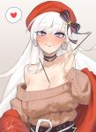  1girl absurdres aran_sweater azur_lane bare_shoulders belfast_(azur_lane) belfast_(shopping_with_the_head_maid)_(azur_lane) between_breasts blush breasts brown_sweater choker cleavage closed_mouth collarbone commentary_request earrings eyebrows_visible_through_hair food hat heart heart-shaped_pupils highres holding_pocky hoop_earrings jacket jewelry large_breasts long_hair off-shoulder_sweater off_shoulder pocky pocky_day purple_eyes red_headwear red_jacket ribbon skirt smile sweater symbol-shaped_pupils user_rsfj2585 white_hair 
