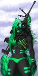  2019 5_fingers anthro black_body black_fur day detailed_background digital_media_(artwork) female fingers fur green_eyes green_hair green_nose hair hi_res hyaenid mammal open_mouth outside sky solo tales_foxdale teeth tongue 