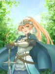  1girl armor armored_dress bangs blonde_hair blue_cape blue_eyes blurry bokeh breastplate cape depth_of_field forte_(rune_factory) gauntlets gloves hand_on_hilt highres knight long_hair outdoors planted_weapon ponytail rkinotsuki01 rune_factory rune_factory_4 smile solo sword tree visor_(armor) weapon 