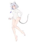  1girl adjusting_clothes adjusting_leotard akagashi_hagane animal_ears barefoot full_body grey_hair jewelry legs leotard mouse_ears mouse_tail nazrin pendant red_eyes short_hair simple_background sketch solo tail toes touhou white_background white_leotard 