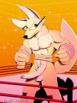  2019 angry anthro balls bandage barazoku blush boxer_(disambiguation) canid canine canis digital_media_(artwork) embarrassed erection eyewear fighting_ring fist foreskin fur glasses hi_res humanoid_penis looking_at_viewer male mammal muscular muscular_male nerd nipples nude pecs penis shy simple_background solo sparkles tigertooth uncut wolf wrestling 