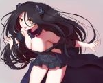  1girl android bare_shoulders black_hair breasts cleavage commentary_request dreamer_(girls_frontline) eyebrows_visible_through_hair girls_frontline grey_background hair_between_eyes looking_at_viewer medium_breasts outstretched_arms pao_mian+dan revealing_clothes sangvis_ferri solo tongue tongue_out 