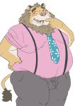  2019 anthro bluewhale127 blush bottomwear clothing felid hi_res humanoid_hands lion male mammal necktie overweight overweight_male pantherine pants shirt solo topwear 