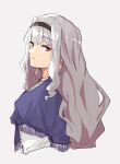 1girl closed_mouth grey_background hairband highres idolmaster idolmaster_(classic) idolmaster_million_live! idolmaster_million_live!_theater_days joska long_hair portrait purple_eyes shijou_takane silver_hair simple_background solo 