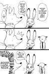  ! black_and_white bodily_fluids canid canine canis clothed clothing comic dialogue dipstick_ears disney edit english_text eyes_closed fox group hard_translated judy_hopps lagomorph leporid mammal meno monochrome multicolored_ears nick_wilde open_mouth open_smile police_uniform rabbit red_fox smile speech_bubble sweat sweatdrop text translated uniform wolf zootopia 