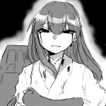  1girl akagi_(kantai_collection) bangs blood blood_on_face bloody_clothes bloody_tears commentary crying crying_with_eyes_open dirty_clothes eyebrows_visible_through_hair flight_deck greyscale hair_between_eyes hair_over_shoulder half-closed_eyes highres japanese_clothes kantai_collection kimono long_hair monochrome muneate parted_lips poyo_(hellmayuge) simple_background smile solo tears upper_body 