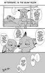  ... anthro bed bottomwear bunk_bed canid canine clothed clothing comic dialogue dipstick_ears disney duo edit english_text fox fully_clothed furniture greyscale hard_translated hi_res judy_hopps lagomorph leporid looking_at_another mammal meno monochrome multicolored_ears nick_wilde on_bed pants pillow rabbit red_fox shirt speech_bubble text topwear translated under_covers zootopia 