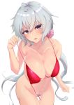  1girl ahoge bare_shoulders bent_over bikini blush bottomless breasts collarbone colored_pubic_hair covered_nipples highres large_breasts long_hair looking_at_viewer low_twintails navel open_mouth pubic_hair purple_eyes red_bikini scunchie senki_zesshou_symphogear silver_hair simple_background skindentation solo swimsuit twintails untied untied_bikini white_background yukine_chris 