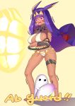 1girl animal_ears bangs bare_shoulders belly_chain blush breasts dark_skin earrings egyptian_clothes exercise facepaint facial_mark fate/grand_order fate_(series) hair_tubes hairband highres hoop_earrings jackal_ears jewelry joy-con large_breasts legs long_hair low-tied_long_hair medjed navel nitocris_(fate/grand_order) purple_eyes purple_hair ring-con ring_fit_adventure sidelocks trembling usekh_collar yellow_background yuruto 