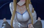  1girl alice_schuberg black_blindfold blindfold blonde_hair blurry blurry_background blush breasts censored closed_mouth collarbone commentary_request ginhaha head_out_of_frame kirito large_breasts long_hair long_sleeves mosaic_censoring pants solo_focus sword_art_online 