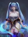  1girl artist_name bare_shoulders black_legwear blue_bow blue_eyes blue_hair bow breasts covered_nipples dress hagoromo hair_bow halter_dress highres hip_vent large_breasts league_of_legends lips lohel long_hair looking_at_viewer no_bra no_panties nose over-kneehighs shawl short_dress sideboob solo sona_buvelle thighhighs twintails very_long_hair white_dress zettai_ryouiki 