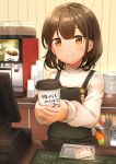 1girl absurdres apron barista blush brown_eyes brown_hair buttons cashier coffee_beans coffee_cup computer counter cup disposable_cup food fruit highres iluka_(ffv7) jar long_sleeves looking_at_viewer orange original pear pen plate pocket short_hair smile spoon 