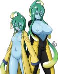  absurd_res big_breasts breast_size_difference breasts clothed clothing coat female goo_creature green_eyes hi_res inverted_nipples juliantheturtle monster_girl_(genre) monster_musume navel nipples not_furry open_mouth raincoat small_breasts solo suu_(monster_musume) topwear 