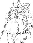  anthro belly belly_jiggle big_belly black_and_white blush button_pop clothed clothing embarrassed eyewear fur goggles inugokudo male mammal monochrome moobs navel obese obese_male overweight overweight_male simple_background solo suid suina surprise sus_(pig) tusks white_background wild_boar 