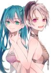  2girls absurdres aqua_eyes aqua_hair back-to-back bikini black_bikini_top closed_mouth flower_(vocaloid) hand_on_another&#039;s_chin hand_up hatsune_miku highres holding huge_filesize karanagare_4 lace_bikini long_hair looking_at_viewer multicolored_hair multiple_girls open_mouth pink_bikini_top purple_eyes purple_hair short_hair smile streaked_hair swimsuit twintails upper_body v_flower_(vocaloid4) vocaloid white_hair 