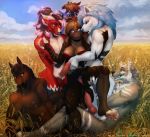  2019 5_fingers animal_genitalia animal_penis anthro anthro_on_anthro blue_body blue_eyes blue_hair bodily_fluids breasts brown_hair canid canine canine_penis canis collar detailed_background digital_media_(artwork) domestic_cat domination equid equine excitedcargoyle felid feline felis female fingers fossa666 fox fur gangbang genital_fluids group group_sex hair happy happy_sex horse kiara_aman knot male male/male mammal nipples nude orgy outside penis phazon-harbinger precum red_body romeo_dog sex smile striped_body stripes wolf yellow_eyes 
