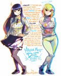  2girls angel_and_devil bangs bare_shoulders black_hair black_skirt blonde_hair blue_eyes blunt_bangs breasts casual commentary_request demon_horns dress_shirt dual_persona english_text eric_muentes full_body grin halo halter_top halterneck hand_on_hip horns large_breasts light_persona long_hair madeline_(eric_muentes) malter_(eric_muentes) medium_hair mole mole_on_body mole_under_eye multiple_girls off_shoulder original pants pantyhose print_shirt shirt skirt smile standing twitter_username very_long_hair wall_of_text 