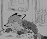  anthro anthro_on_anthro bent_over blush bodily_fluids canid canine clothed clothed_sex clothing desk disney duo female fox from_behind_position furniture greyscale judy_hopps lagomorph leporid male male/female mammal meno monochrome nick_wilde one_eye_closed rabbit red_fox sex sweat sweatdrop zootopia 