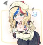  1girl beret black_skirt blonde_hair blue_eyes blue_hair blush breasts cleavage collarbone commandant_teste_(kantai_collection) hat kantai_collection kasashi_(kasasi008) large_breasts long_hair long_sleeves looking_at_viewer multicolored_hair pom_pom_(clothes) red_hair scarf skirt solo streaked_hair tearing_up torn_clothes wavy_hair 