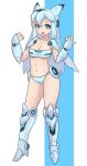  1girl :d android arm_guards armor bangs bikini blue_eyes blush_stickers breasts collarbone commentary_request full_body highres kneehighs long_hair looking_at_viewer medium_breasts navel okera original shoulder_armor silver_hair simple_background smile solo standing swimsuit 
