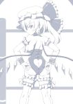  1girl adjusting_clothes arm_warmers ass butt_crack collar flandre_scarlet greyscale hat heart_cutout highres kagayama_hajime looking_at_viewer monochrome pointy_ears side_ponytail sleeve_cuffs thighhighs touhou wings wrestling_outfit wrestling_ring 
