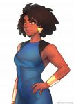  1girl afro annie_mei_project big_hair blue_dress bracer brown_eyes caleb_thomas dark_skin dress hairlocs hand_on_hip hanging_on lips mole mole_under_mouth nose retro_mei sleeveless sleeveless_dress solo thick_eyebrows toned triangle_earrings very_dark_skin white_background 