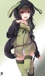  1girl absurdres alternate_costume alternate_hairstyle animal_ears black_hair blush breasts bunny_ears cosplay dress eyebrows_visible_through_hair green_dress green_legwear hair_ornament hibiki_zerocodo highres hood hoodie jacket kantai_collection kitakami_(kantai_collection) long_hair looking_at_viewer open_mouth purple_eyes sidelocks small_breasts smile solo strapless strapless_dress thighhighs thighs tube_dress vocaloid voiceroid yuzuki_yukari yuzuki_yukari_(cosplay) 