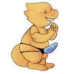  1:1 alphys anthro beady_eyes belly blush buckteeth chubby_female dildo female flustered low_res manitka no_navel nude open_mouth open_smile reptile scalie sex_toy slightly_chubby smile solo strapon teeth thick_tail thick_thighs undertale video_games 