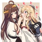  2girls absurdres ahoge bare_shoulders blonde_hair blue_eyes breasts brown_hair cheek_press chocolate closed_mouth commentary_request detached_sleeves double_bun fingerless_gloves flag_print food food_in_mouth gloves hairband headgear heart highres iowa_(kantai_collection) japanese_clothes kantai_collection kongou_(kantai_collection) large_breasts long_hair looking_at_another looking_back miiii mouth_hold multiple_girls nontraditional_miko pocky pocky_day spoken_heart spread_legs star star-shaped_pupils symbol-shaped_pupils thighhighs yuri 
