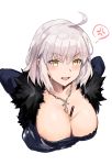  1girl absurdres ahoge bangs between_breasts bk201 breasts cleavage coat eyebrows_visible_through_hair fate/grand_order fate_(series) food from_above fur-trimmed_coat fur-trimmed_jacket fur_collar fur_trim highres jacket jeanne_d&#039;arc_(alter)_(fate) jeanne_d&#039;arc_(fate)_(all) large_breasts looking_at_viewer open_mouth pocky pocky_day short_hair silver_hair yellow_eyes 