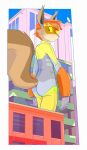  2016 anthro armband border brown_body brown_fur butt_pose city clothed clothing ducky_(artist) fur hair hi_res jumpsuit looking_away looking_back macro mammal miguel_&quot;red&quot;_molina outside_border pose red_hair rodent satellite_dish sciurid short_hair skyscraper smile superhero tan_body tan_fur visor white_border 