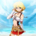  1girl blonde_hair breasts closed_mouth commentary_request fiorun green_eyes looking_at_viewer short_hair smile solo xenoblade_(series) yazwo 